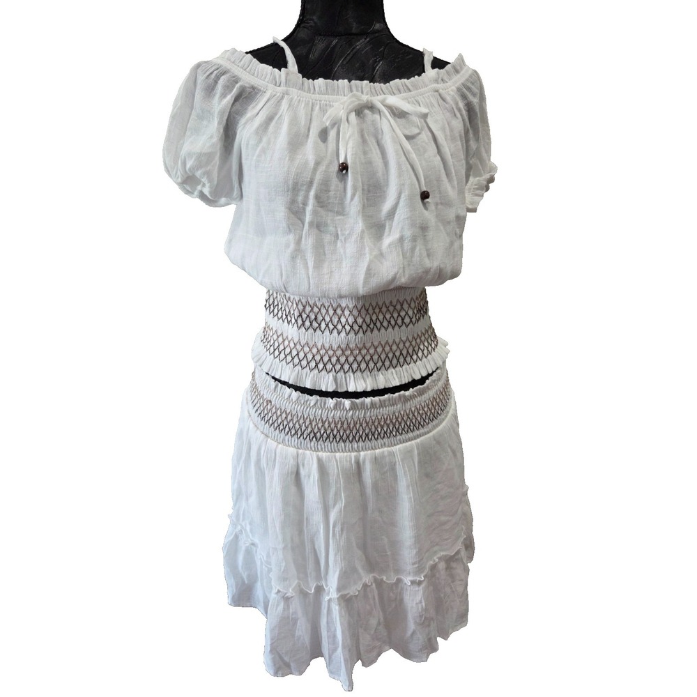 I.N. 2 Pc Set Women's White Festival Peasant Boho Top & Matching Skirt Size M
